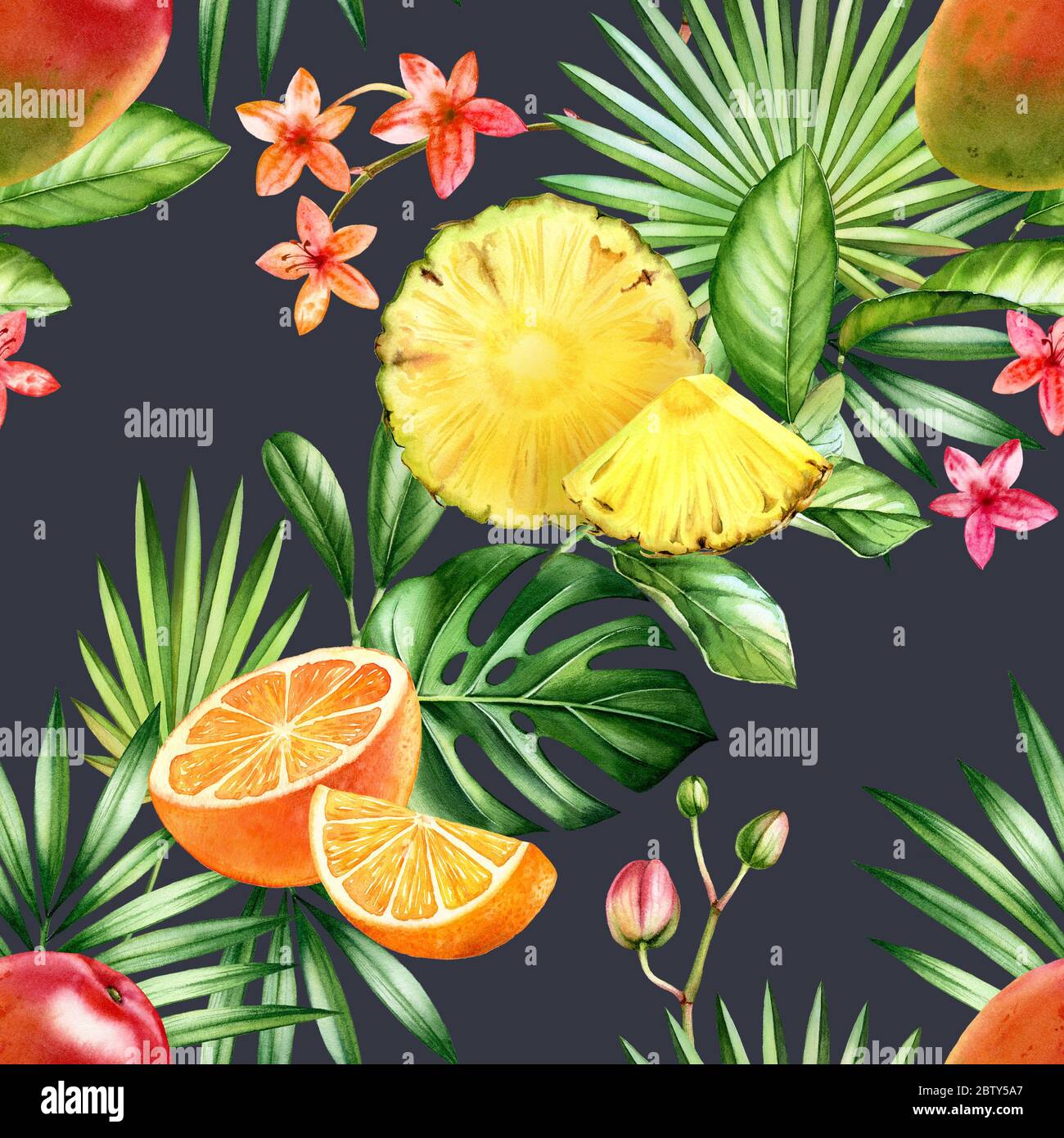 Aquarell tropisch nahtlose Muster. Ananas, Orange, Mangofrüchte. Exotische Früchte und Palmenblätter auf dunkelgrauem Hintergrund. Botanische Illustration für Stockfoto
