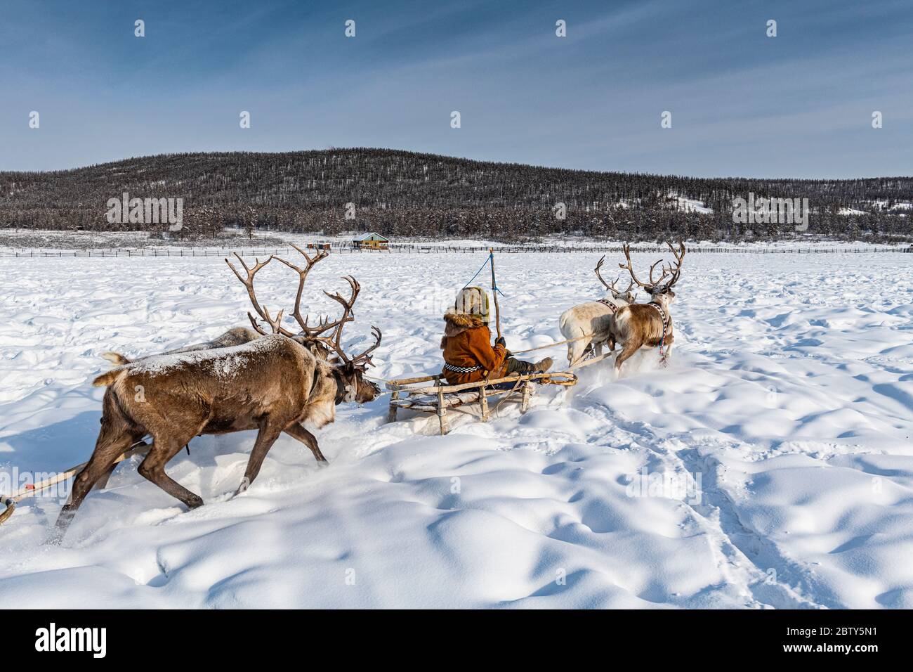 Freundliche Evenc Familie auf Schlitten gezogen von Rentiere, Oymyakon, Sakha Republik (Jakutien), Russland, Eurasien Stockfoto