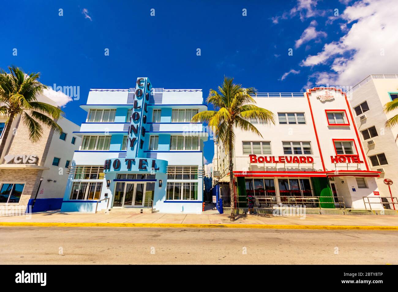 Der meist gepackte Deco Drive in South Beach Miami liegt während der COVID-19 Viruspandemie, Miami, Florida, Vereinigte Staaten von Amerika, North Amer, leer Stockfoto