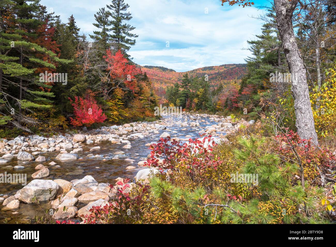 Der Fluss schlängelt sich an einem sonnigen Herbsttag durch bewaldete Berge auf dem Gipfel des Herbstes Stockfoto