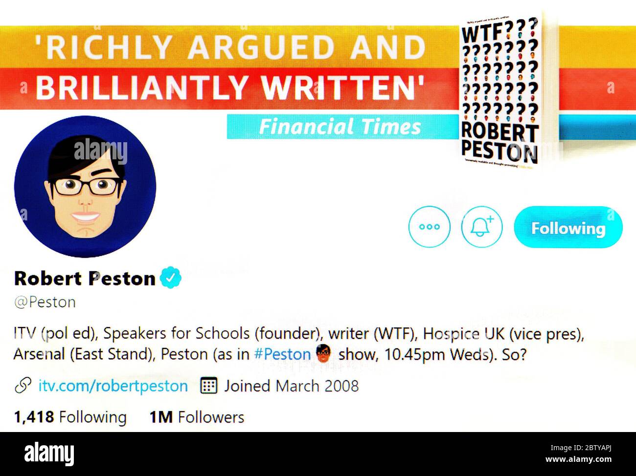 Twitter-Seite (Mai 2020) Robert Peston - ITV News politischer Redakteur und Moderator Stockfoto