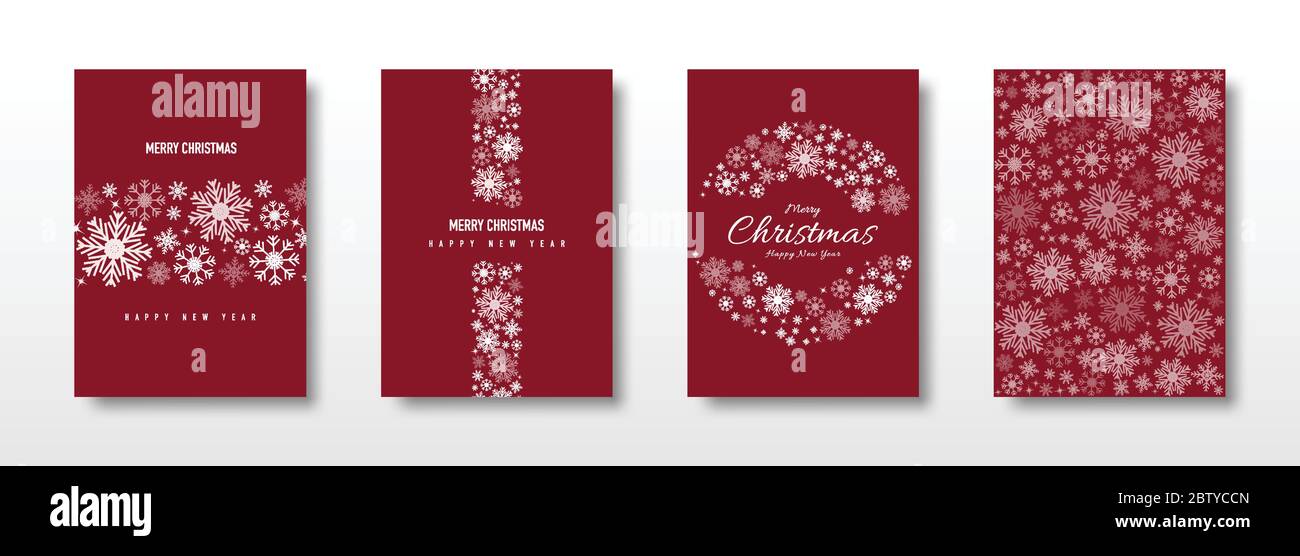 CoverFrohe Weihnachtskarte Set Dekoration mit Schneeflocke auf rotem Hintergrund, Weihnachtskarten Vorlage Vektor-Design. Stock Vektor