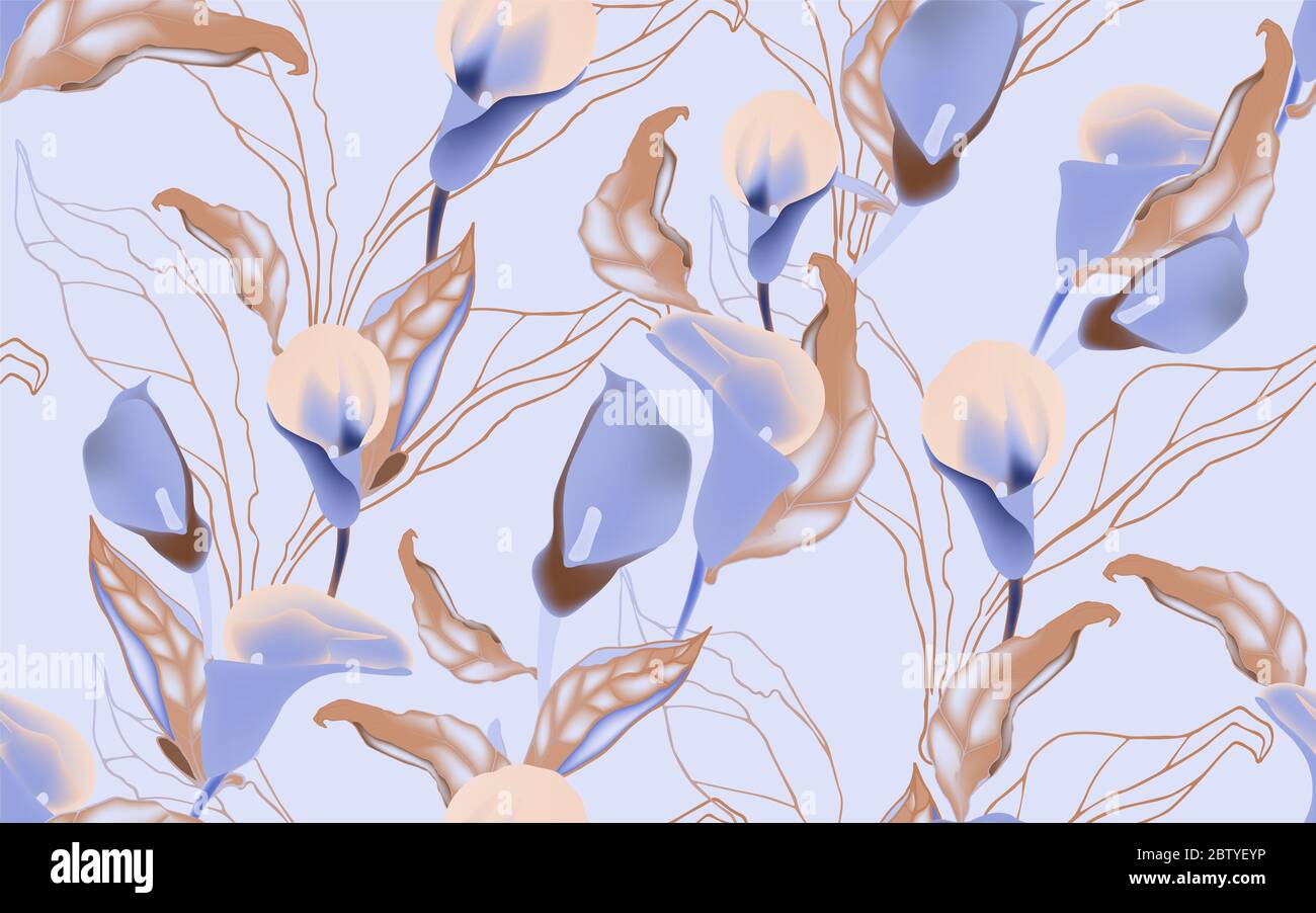 Lila Blüten mit Blättern auf einem hellblauen Hintergrund nahtlose Patern. Vektorgrafik mit großen Blütenständen von Pflanzen. Stockfoto
