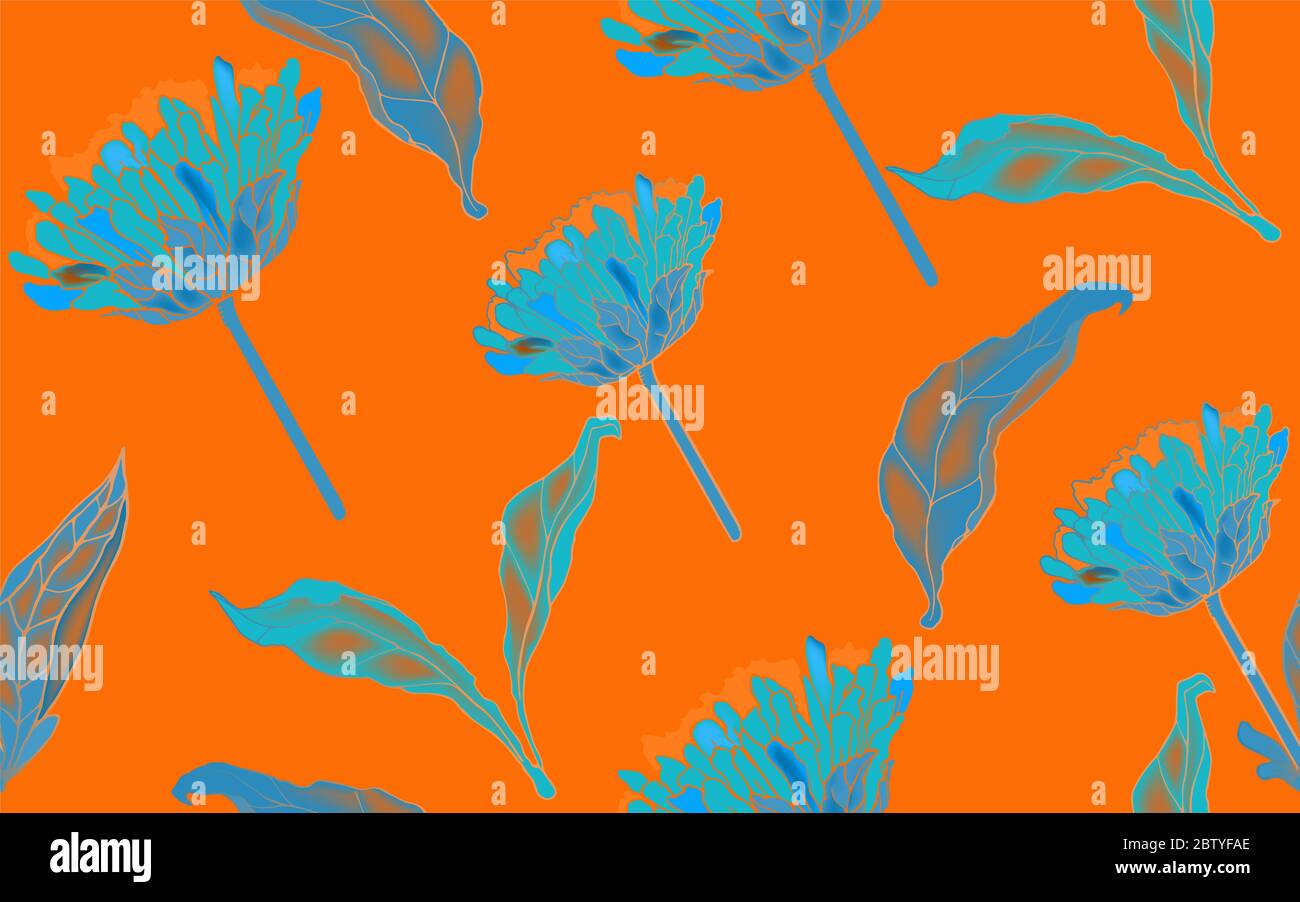 Türkisblaue Chrysantheme Blüten mit Blättern und Blütenblättern auf einem orangefarbenen Hintergrund nahtloses Muster. Handgezeichnete Vektorgrafik. Stockfoto