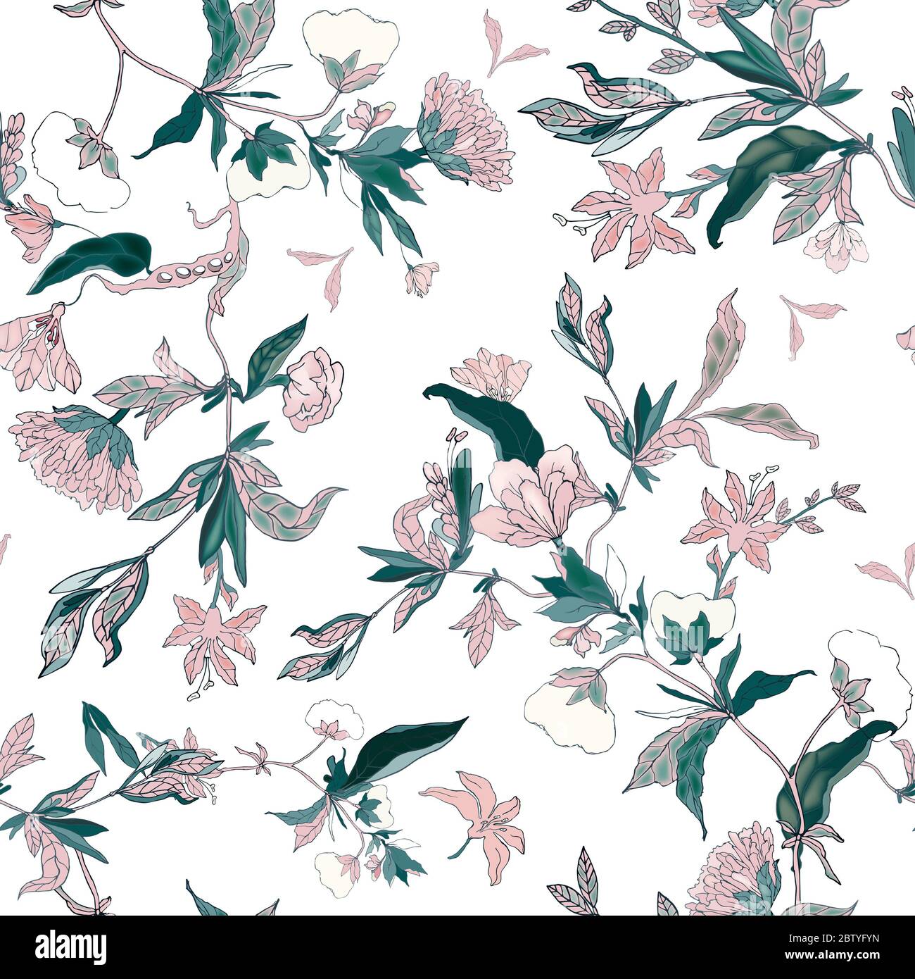 Zartes rosa florales Ornament aus Zweigen, Blättern und Blütenständen auf weißem Hintergrund. Nahtloses Muster. Handgezeichnete Vektorgrafik. Stockfoto