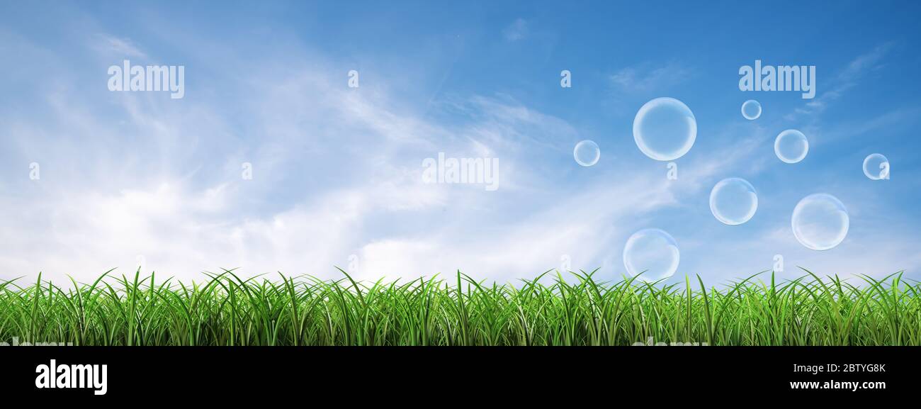 Viele Seifenblasen landen auf dem grünen Rasen mit einem wolkigen blauen Panorama-Himmel Hintergrund Stockfoto