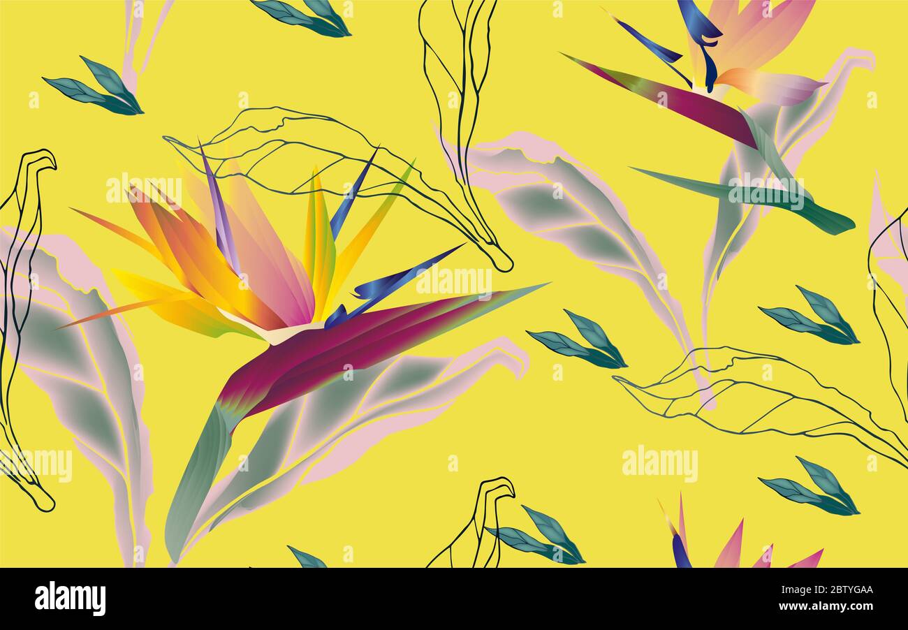 Blumen des Paradieses, Strelitzia Royal mit Blättern und Blütenblättern auf einem gelben Zitronenhintergrund nahtloses Muster. Vektor-Illustration mit tropisch Stockfoto