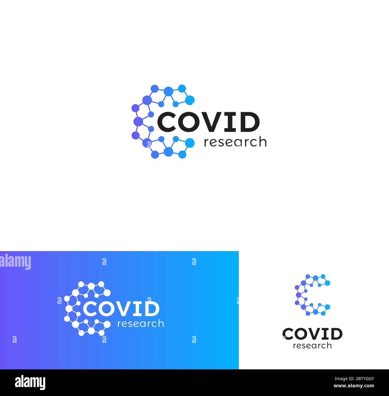 Covid-19, Corona-Impfstoff-Forschung Logo-Set. Genomische Daten des Virus. Symbol für das Immunsystem. Zeichen zur Vorbeugung schädlicher Krankheiten. Logo für medizinisches Labor Stock Vektor