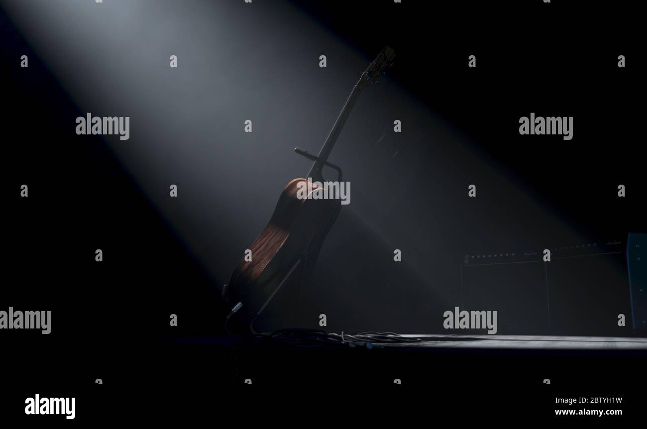 Eine akustische Gitarre, die auf einem Ständer auf einer Musikkonzertbühne ruht, beleuchtet von einem einzigen dramatischen Scheinwerfer auf einem dunklen Hintergrund - 3D-Rendering Stockfoto