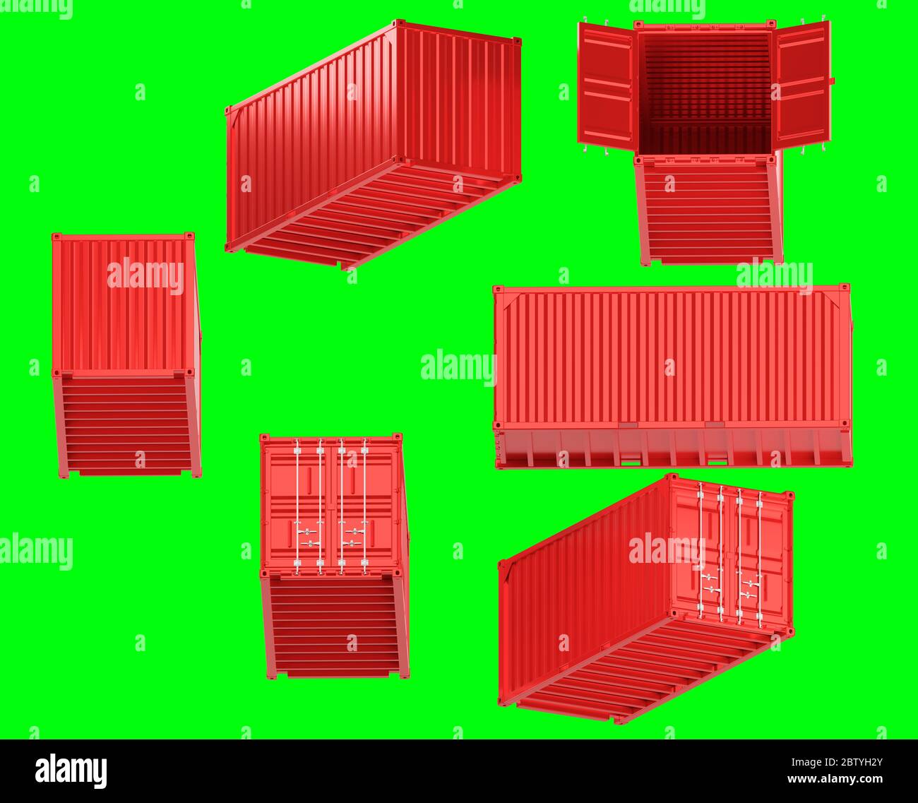 Ein hochwertiges Bild eines roten 20 Fuß großen Versandbehälters auf grünem Hintergrund mit Beschneidungspfad. Zwanzig Fuß Seeschifffahrt Container 3d Render Stockfoto