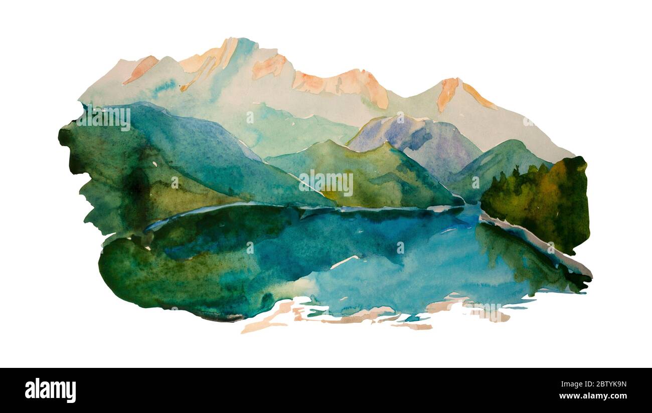 Aquarell Hintergrund des Sees in einem Gebirge mit Gipfeln und Reflexion in das Wasser. See Ritsa in Abchasien, Kaukasus, isoliert auf weißem Hintergrund Stockfoto