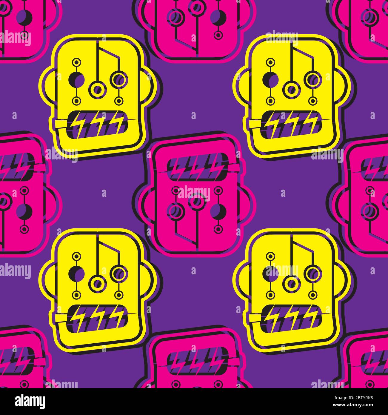 Nahtloses Roboterkopfmuster in Gelb und Pink auf violettem Hintergrund. Vektorbild Stock Vektor