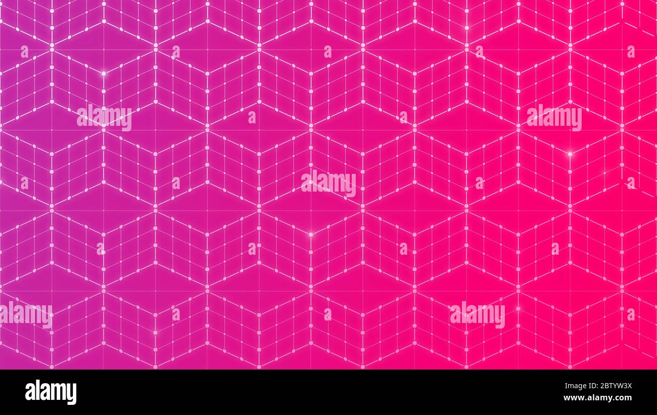 Nahtlose 3d-Würfel oder Blöcke, Datenverbindungsnetzwerk auf lila und rosa Hintergrund. Abstact geometrische isometrische Projektion in 4k-Auflösung. Stockfoto