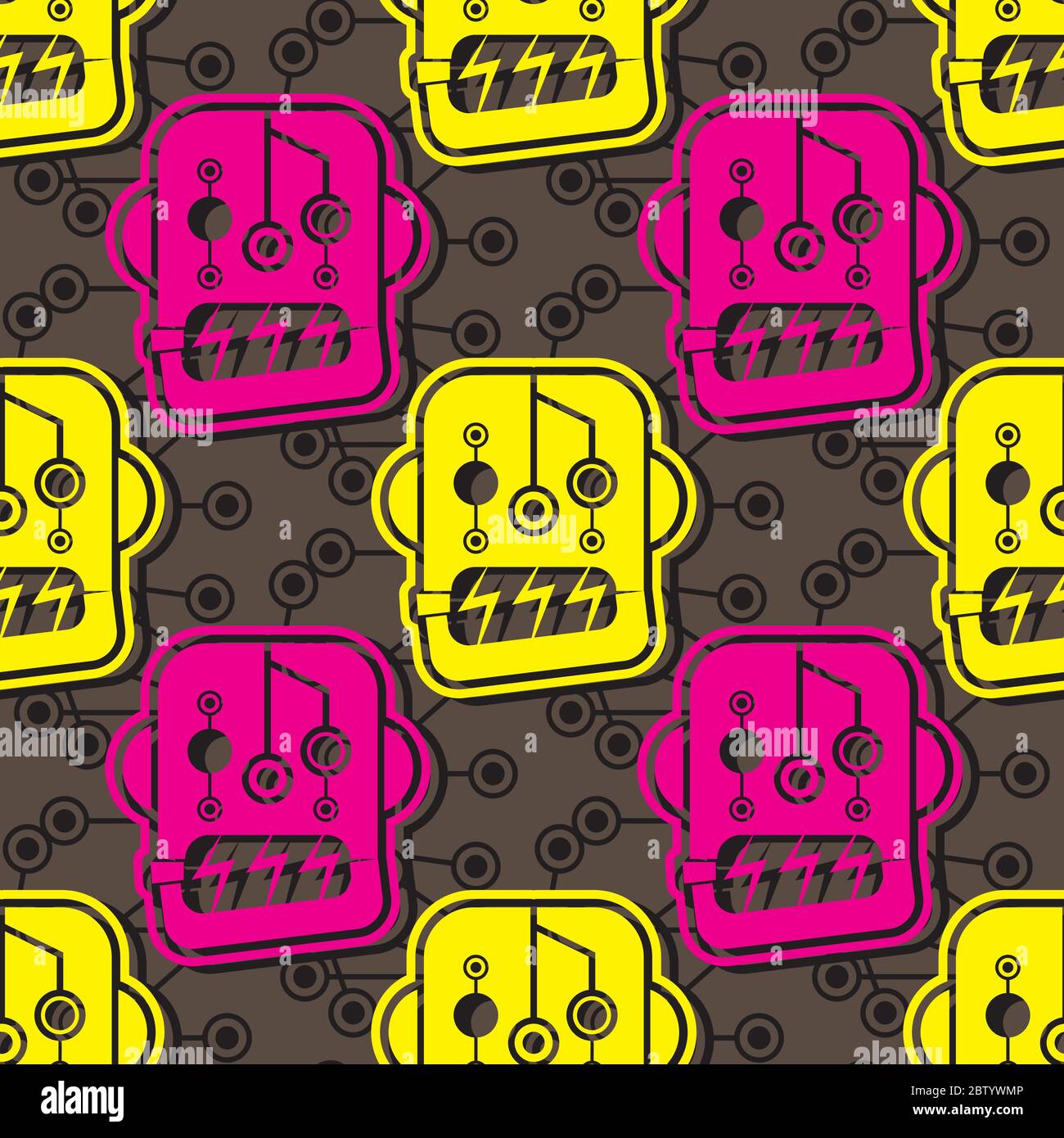 Nahtloses Roboterkopfmuster auf braunem Hintergrund. Vektorbild Stock Vektor