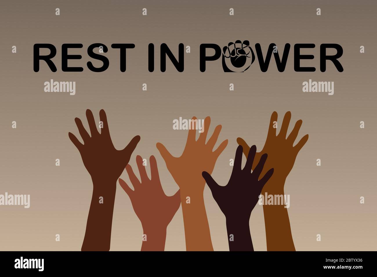 Vektorgrafik mit dem Text Rest in Power zu Ehren der Opfer von Rassendiskriminierung. Erhobene Hände. Konzept der Stärke und Vereinigung. Stock Vektor