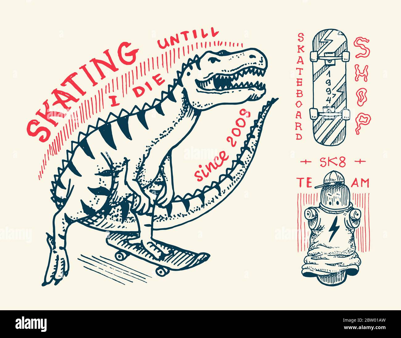 Skateboard-Abzeichen und -Logo. Vintage Retro Template für T-Shirt und Typografie. Auf den Brettern reiten Dinosaurier und Skelette. Feuriger Kopf und Totenkopf Stock Vektor