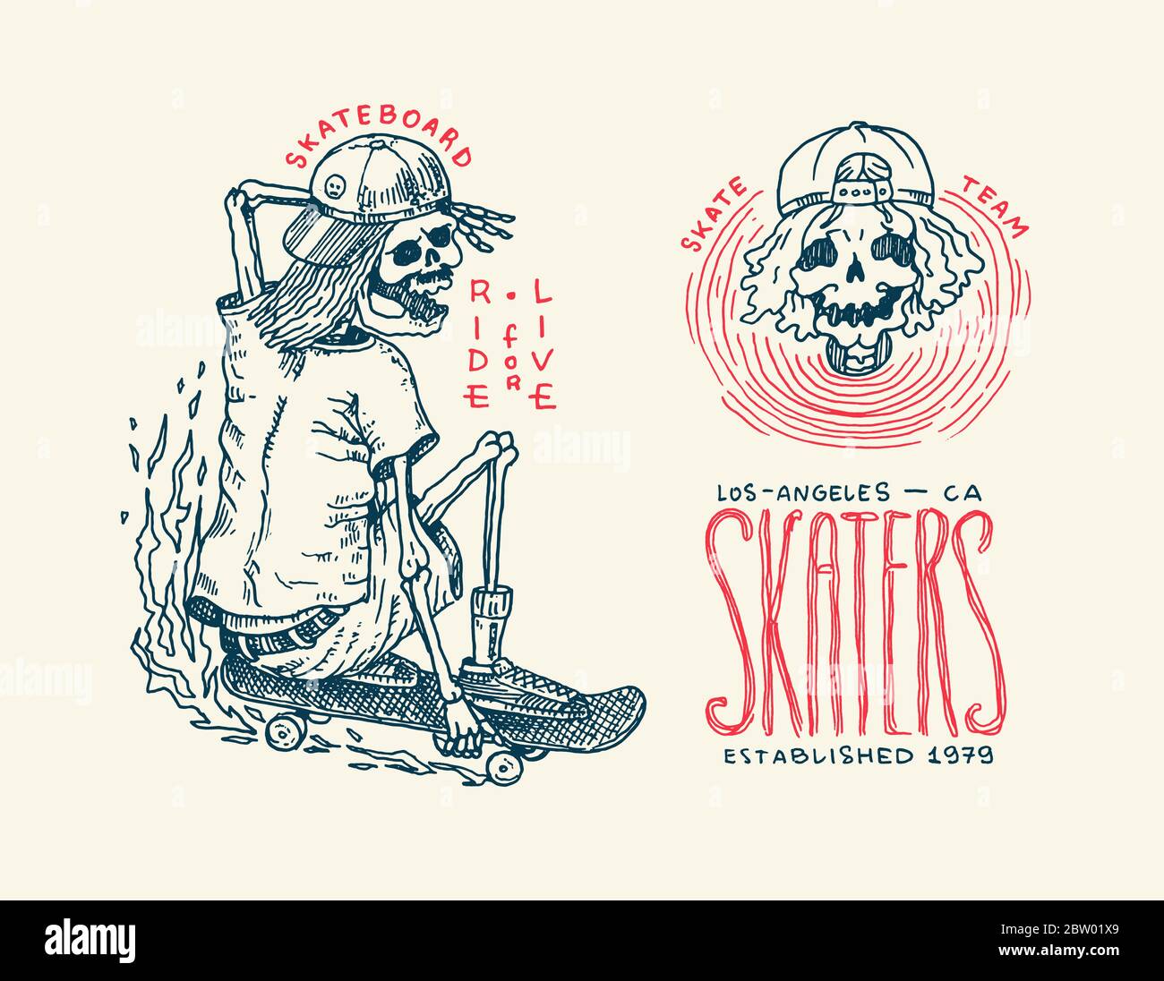 Skateboard-Abzeichen und -Logo. Vintage Retro Template für T-Shirt und Typografie. Skelette reiten auf dem Brett Konzept und Schädel in einer Mütze. Buchstabensätze Stock Vektor