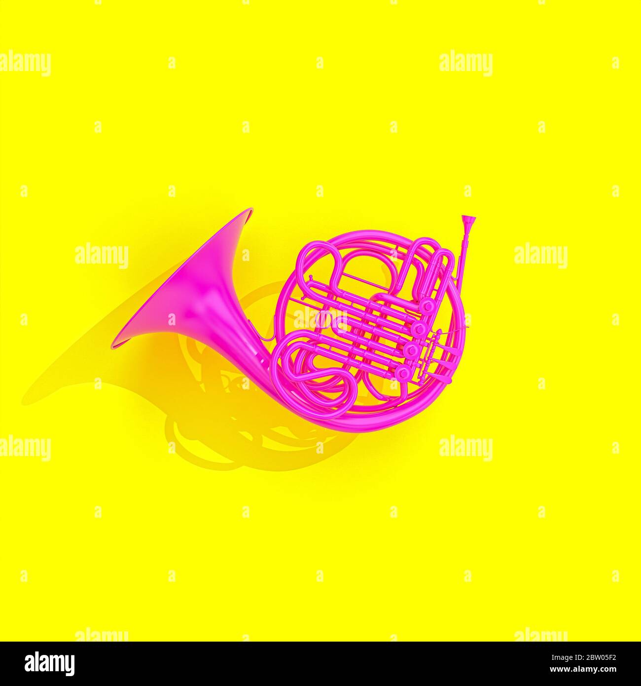 Fuchsia Horn auf gelbem Hintergrund im flachen Lay-Stil. Niemand rund um 3d-Rendern. Musikkonzept. Stockfoto