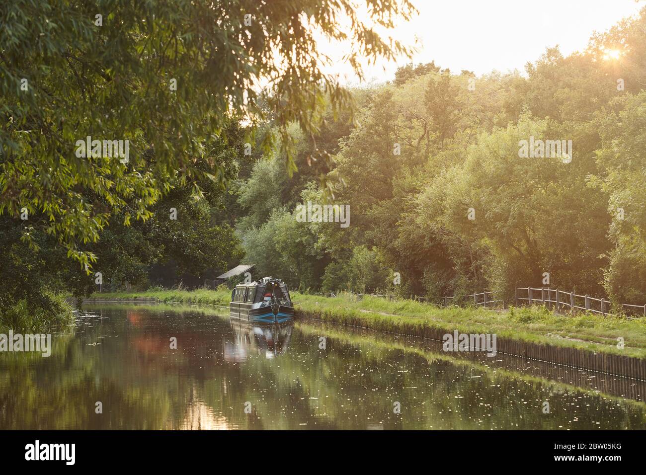 Kanalboote entlang des Flusses Wey, Weybridge, Hampshire Stockfoto
