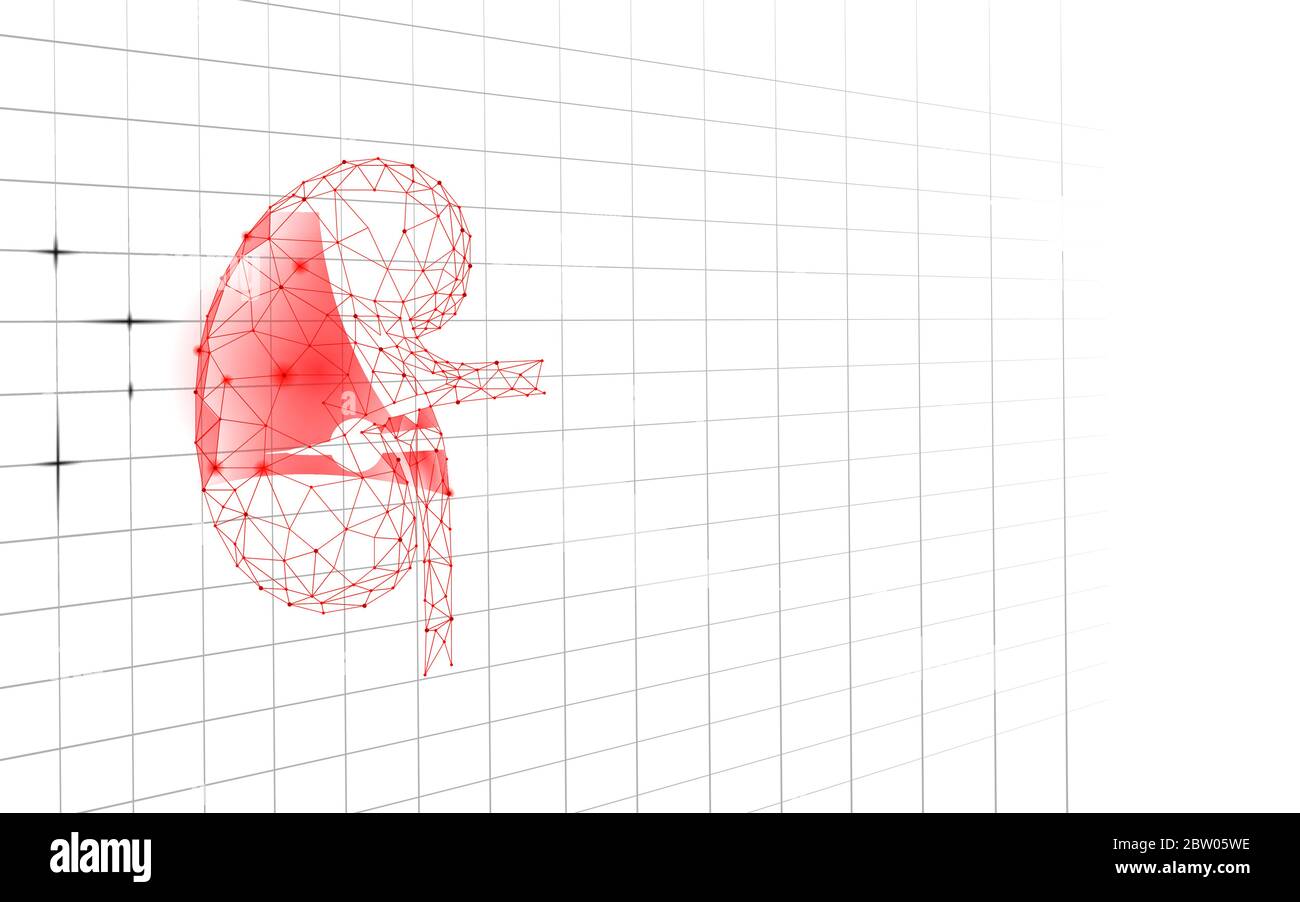 Menschliche Nieren Laser Operation Low Poly. Medizin Krankheit medikamentöse Behandlung schmerzhafte Bereich. Rote Dreiecke polygonale 3D-Renderform. Apothekensteine Stock Vektor