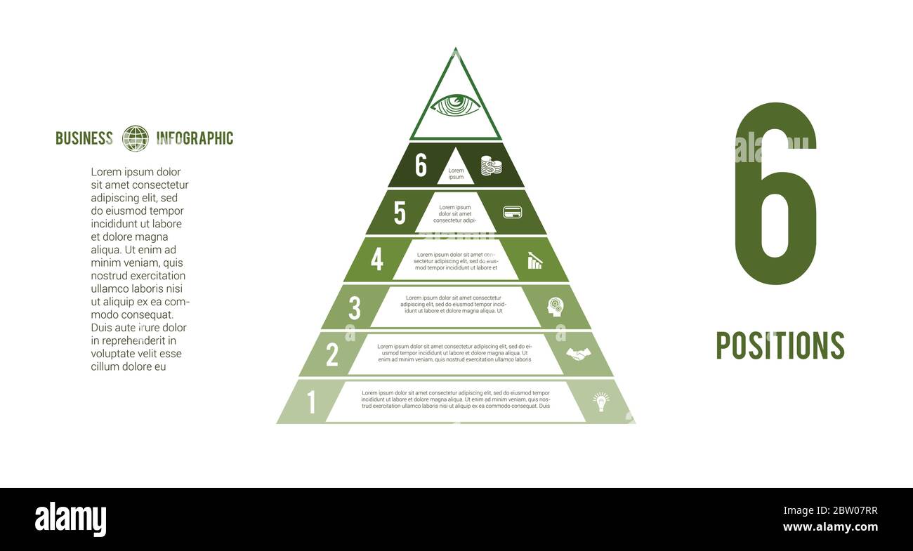 Infografik für Geschäftsprozesse. Pyramide für 6 Textbereiche. Eye of Providence. Сoncept erfolgreicher Finanzaktivitäten. Grüntöne Stock Vektor