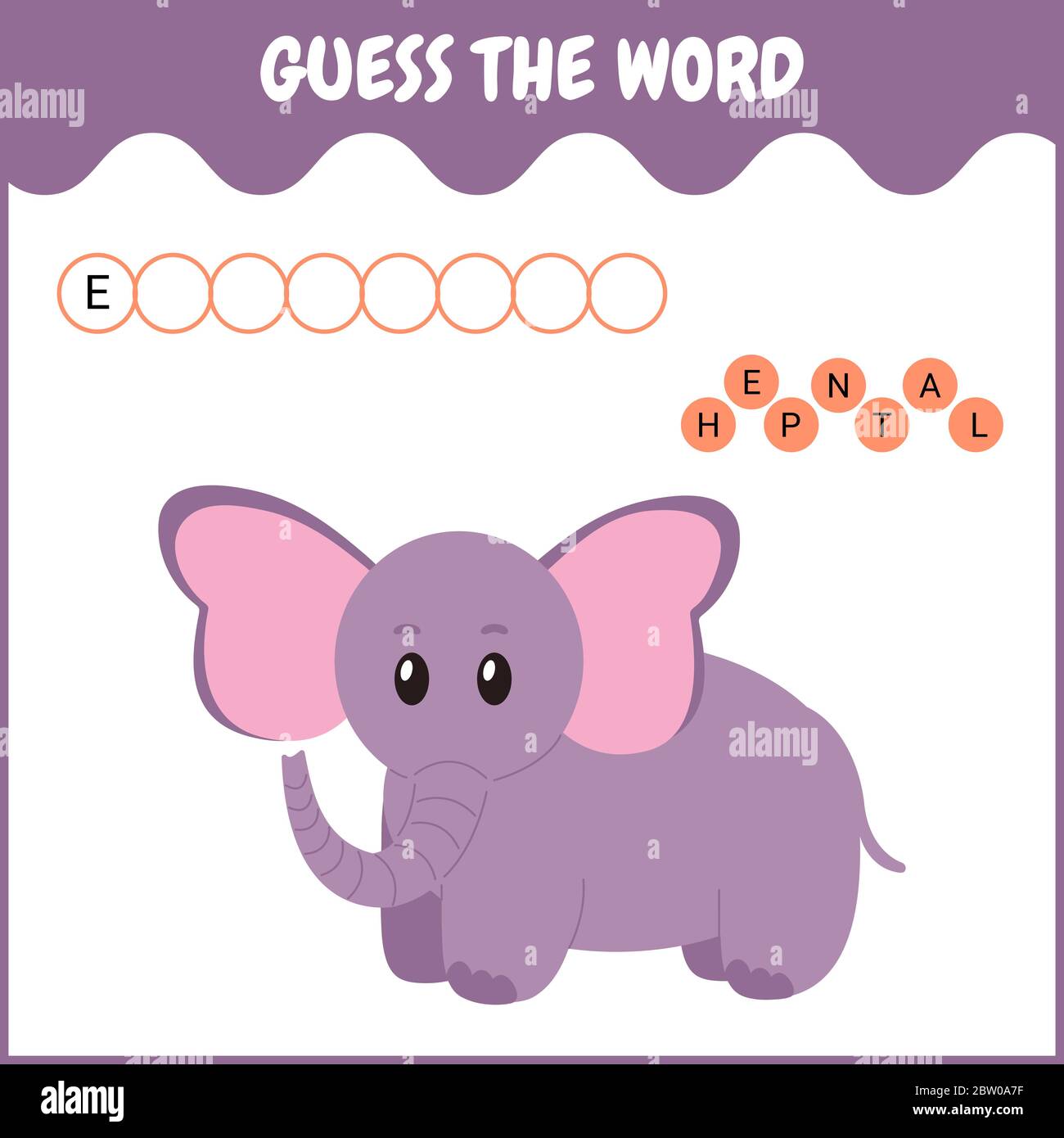 Rechtschreibung Wort Scramble Spiel Vorlage. Lernspiel für Kinder im Vorschulalter mit Elefanten. Stock Vektor