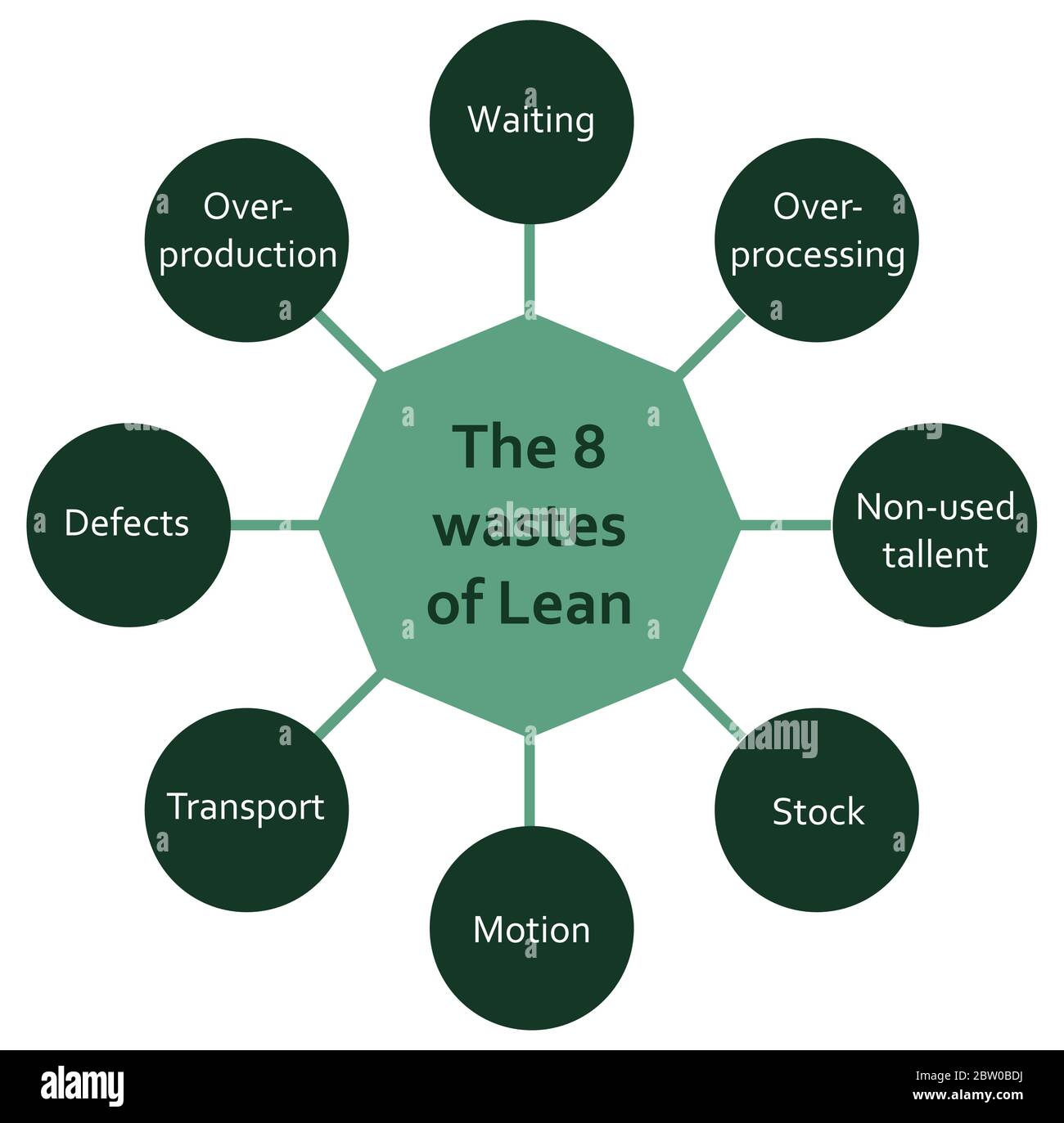 Die acht Prozesse „Verschwendung durch Lean“ und „Hexagon“-Diagramm. Warten, Überproduktion, Lager, Bewegung, Transport, Defekte. Gree Stock Vektor