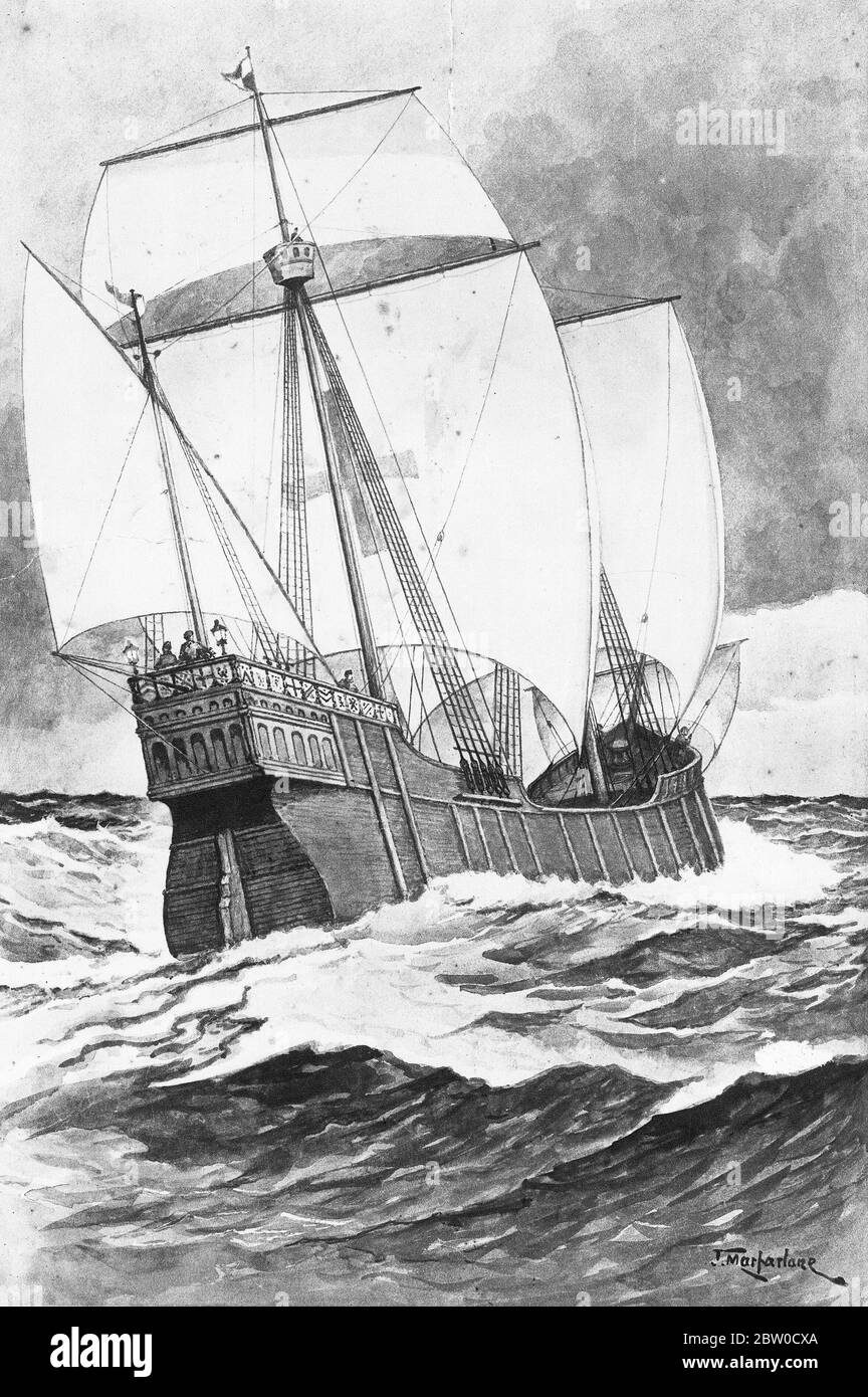 Illustration von Columbus segeln den Atlantik im Jahr 1492, aus einem Satz von Schulplakaten für Sozialstudien, c 1930 Stockfoto