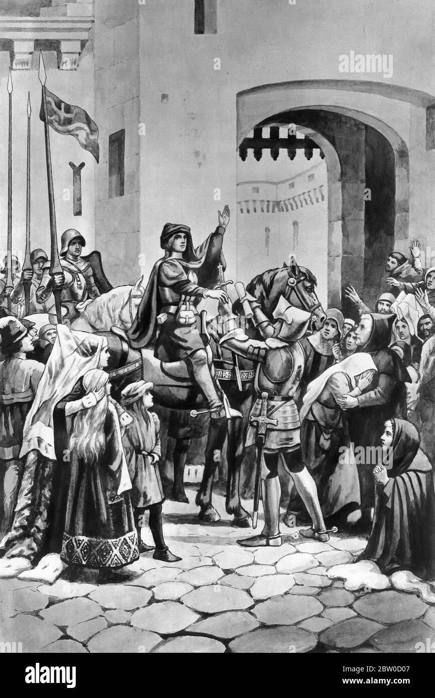 Illustration von Jeanne d'Arc, die ihr Schwert empfängt, aus einer Reihe von Schulplakaten, die für Sozialstudien verwendet wurden, c 1930 Stockfoto