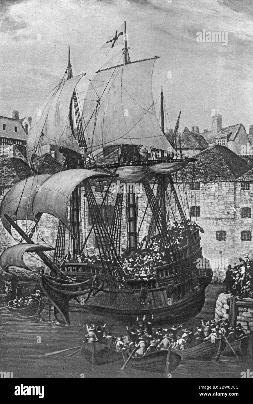 Illustration der Abreise der Mayflower aus Plymouth, aus einer Reihe von Schulplakaten für Sozialstudien, c 1930 Stockfoto