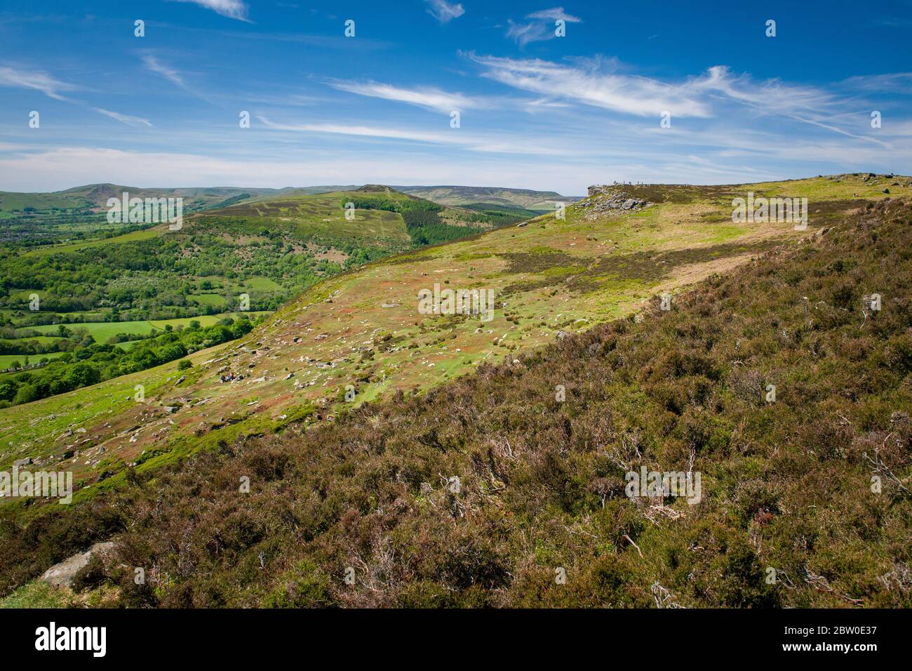 Blick vom Bamford Edge in Richtung Ladybower Reservoir, Peak District, Großbritannien Stockfoto