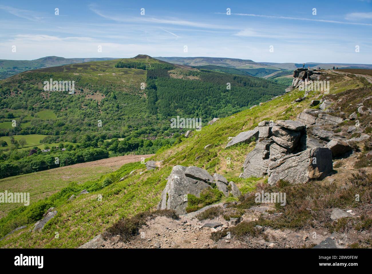 Blick von Bamford Edge in Richtung Ladybower Reservoir mit Menschen sitzen / klettern / genießen den Tag nach der Sperrung Coronavirus erleichtert wurde Stockfoto