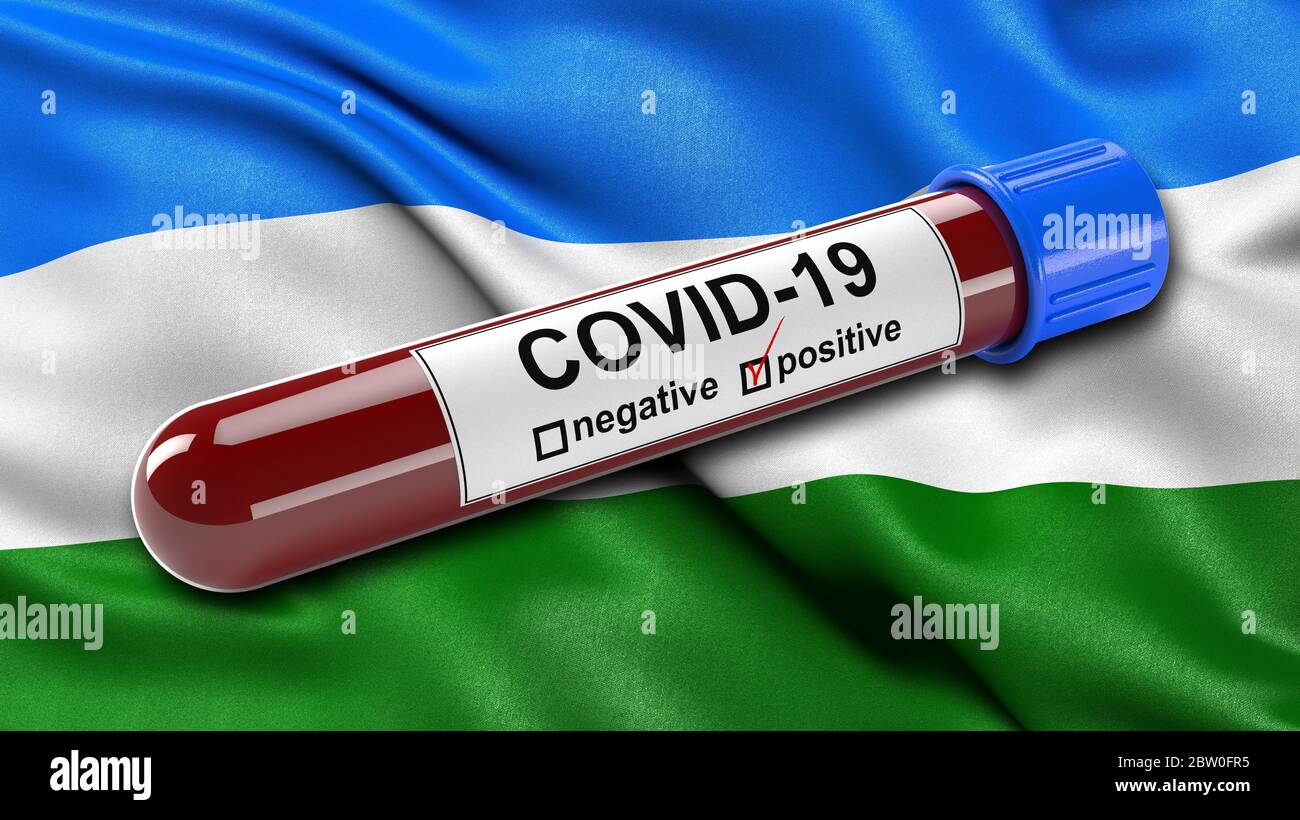 Flagge der Republik Baschkortostan winkend im Wind mit einem positiven Covid-19 Blutprobe Rohr. Stockfoto