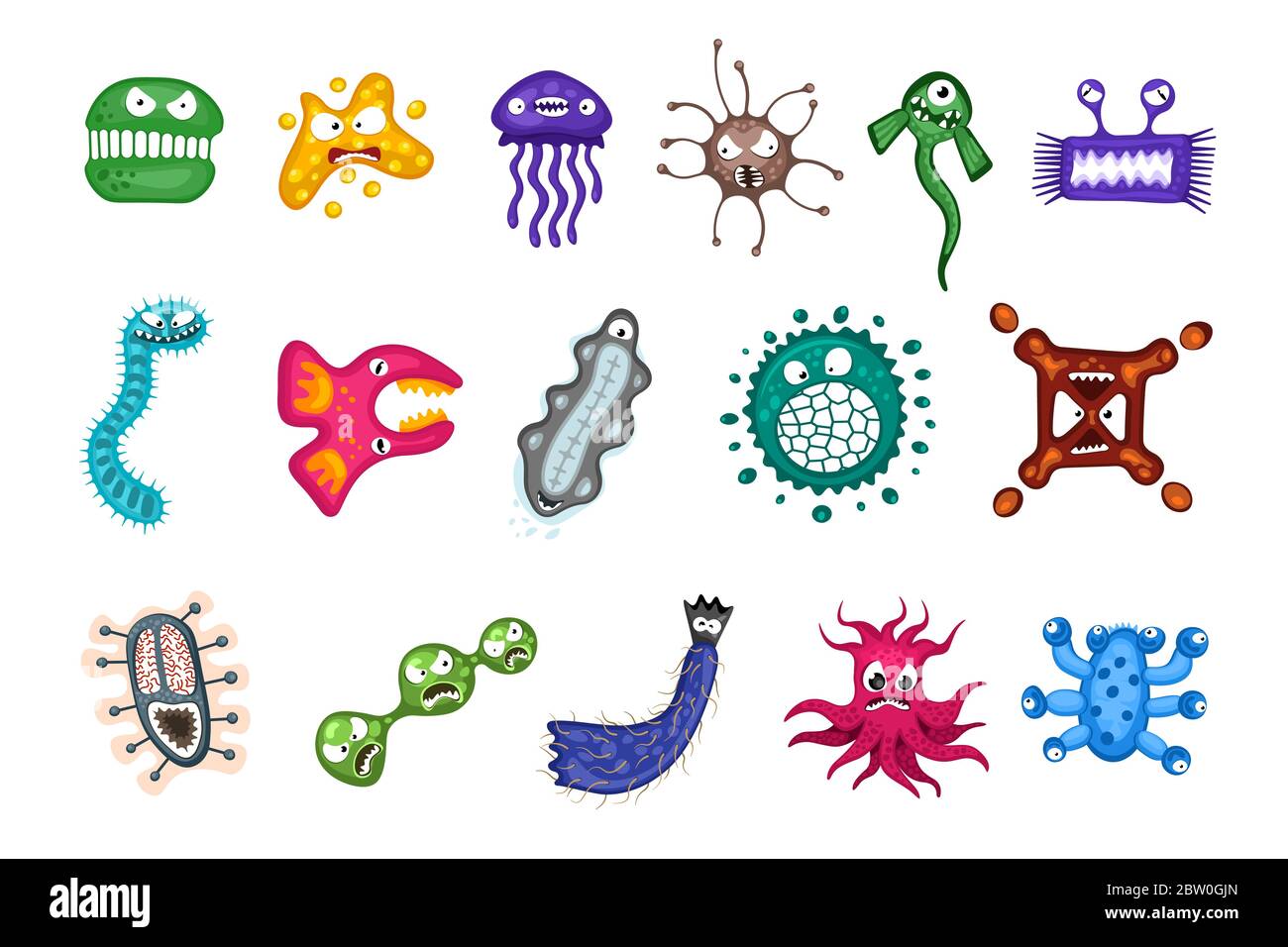 Mikroorganismus Virus Vektor Cartoon Bakterien Keim Emoticon Zeichensatz. Bakterium Ilness Infektion Mikrobiologie Illustration. Mikrobe Erreger Monster Organismus Emotionen auf weißem Hintergrund isoliert Stock Vektor