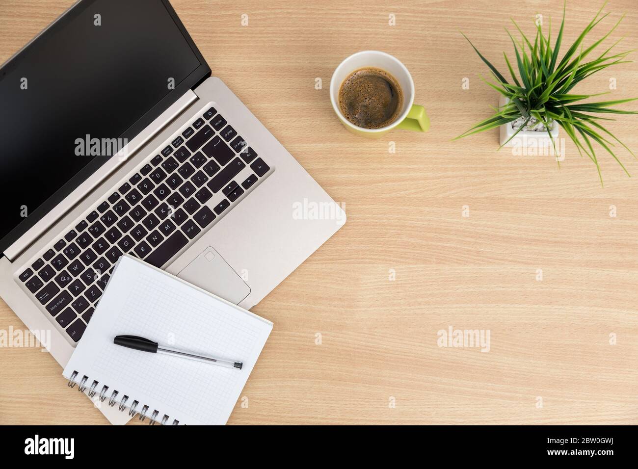 Ansicht von oben des Arbeitsbereichs. Tisch Schreibtisch mit Laptop, Kaffee, Notizblock, Stift und Pflanze mit Leerraum Hintergrund für Design. Flache Ansicht von hellbraunem Woo Stockfoto