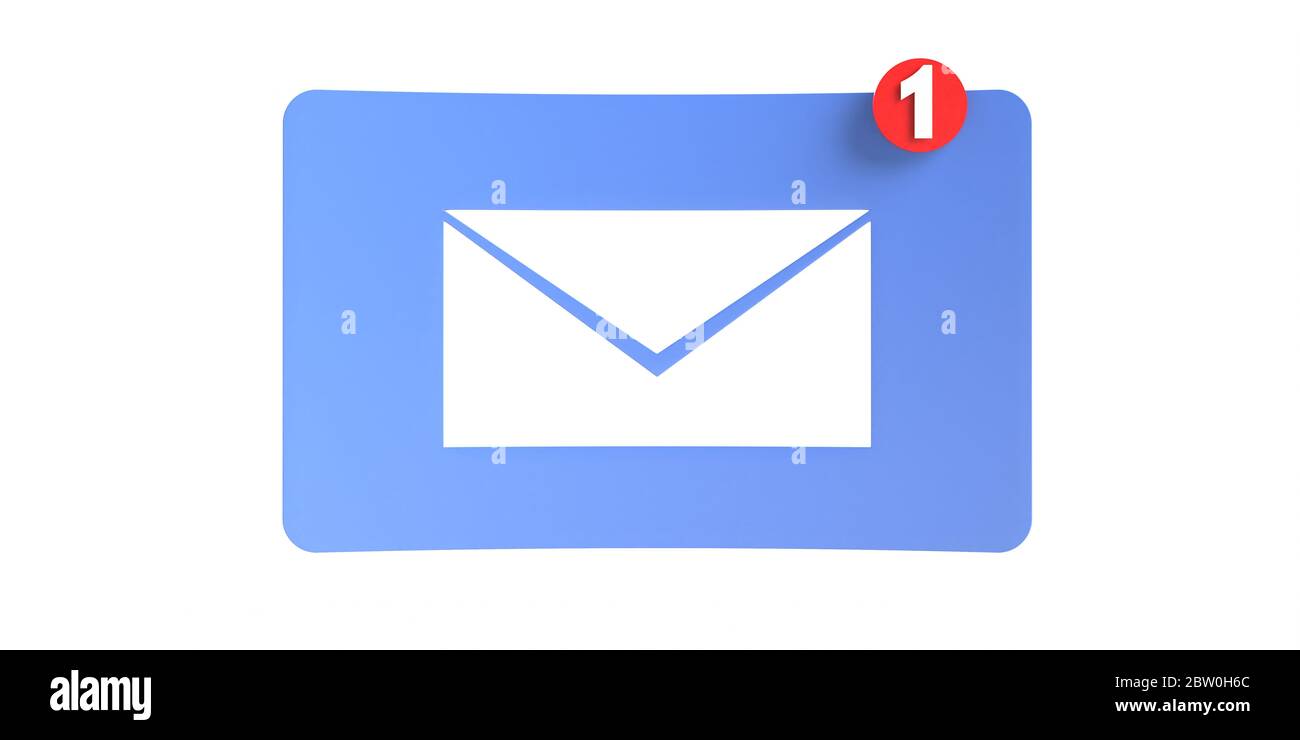 E-Mail-Benachrichtigungskonzept, eine neue E-Mail-Posteingang, Umschlag mit Symbol für eingehende Nachricht auf weißem Hintergrund isoliert. Erinnerung an Popup-Blase für Warnmeldungen. 3d il Stockfoto