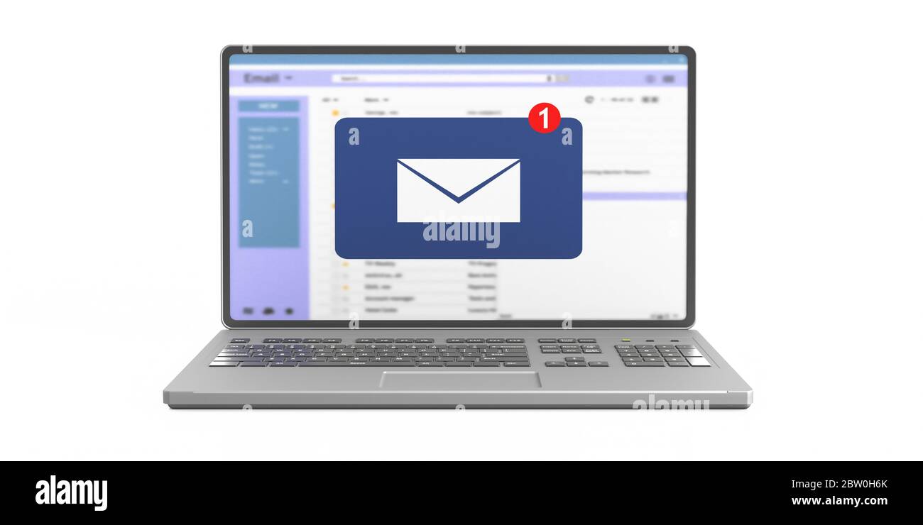 E-Mail-Benachrichtigungskonzept, eine neue E-Mail-Posteingang, Umschlag mit eingehenden Nachrichten auf einem Computer-Laptop-Bildschirm isoliert Ausschnitt auf weißem Hintergrund. 3d i Stockfoto
