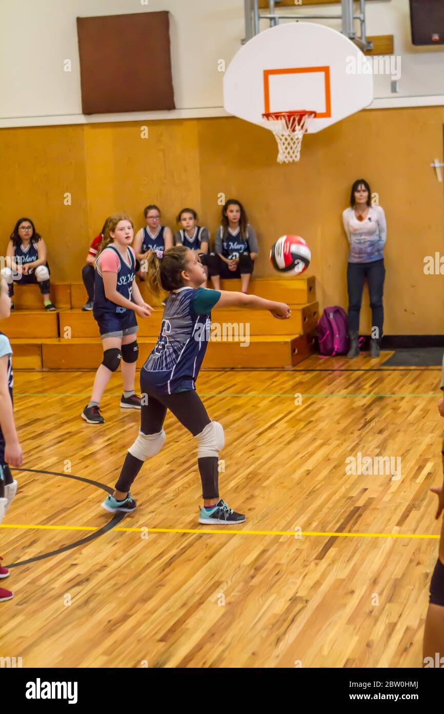 Mädchen Volleyball, 8 bis 10 Jahre alt, akzeptieren dienen und versuchen, für die Rückkehr des Balls eingestellt. Stockfoto