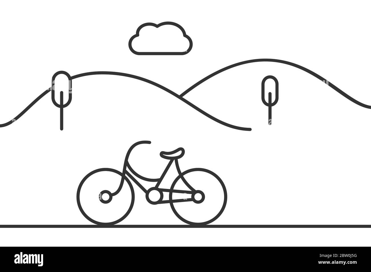 Fahrrad fahren in einer ländlichen Linie Symbol. Landschaft mit Hügeln, Bäumen und Wolken. Sommerurlaub Konzept mit Vintage-Fahrrad. Outdoor-Aktivitäten Stock Vektor