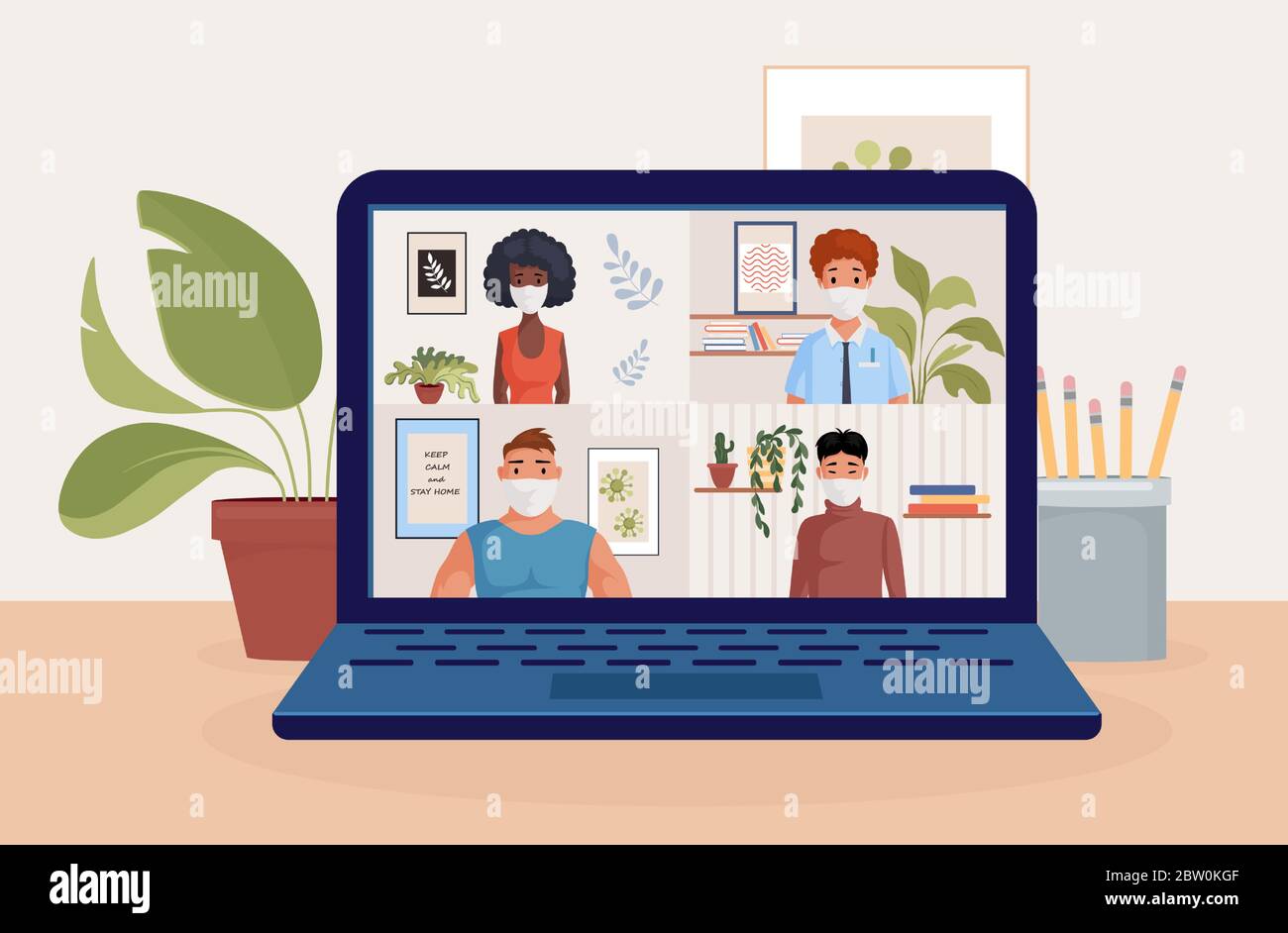 Menschen auf Laptop-Bildschirm im Gespräch mit Freunden oder Kollegen Vektor-flache Cartoon-Illustration. Videokonferenz, Remote-Arbeit während der Selbstisolierung und Quarantäne. Bleiben und arbeiten zu Hause Konzept. Stock Vektor