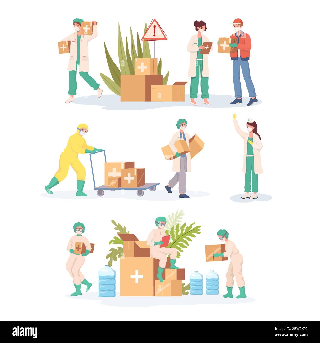 Medizinische Mitarbeiter in Uniform und Schutzanzüge mit humanitärer Hilfe Vektor flach Cartoon Illustration. Unterstützen und spenden Ärzte und Krankenschwestern, materielle Hilfe, staatliche Hilfe Konzept. Stock Vektor
