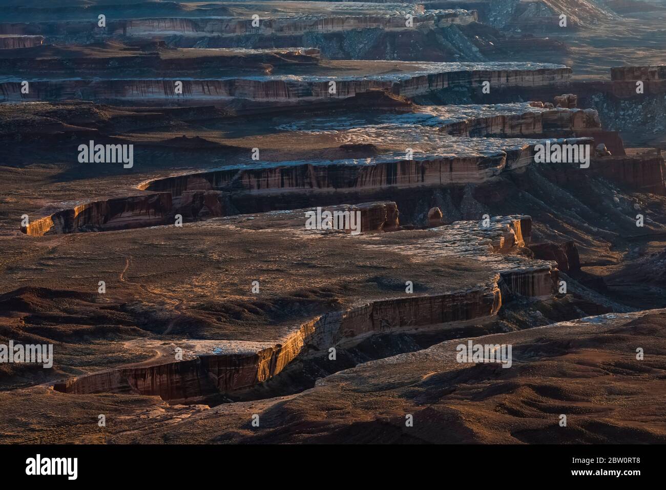 Sandsteinformationen und White Rim Road vom Green River aus gesehen, überblicken Sie Island in the Sky im Canyonlands National Park, Utah, USA Stockfoto