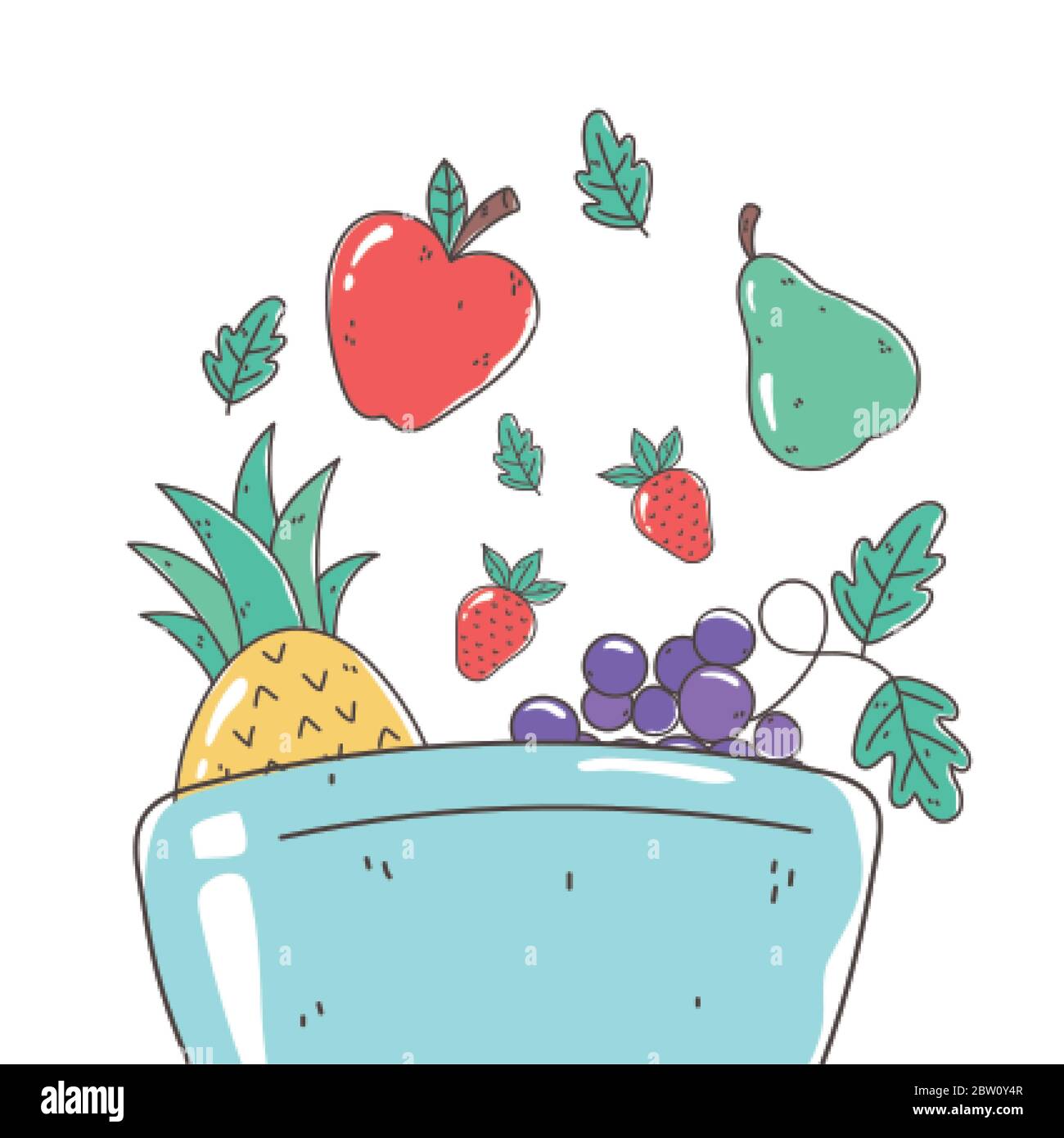 Gesunde Ernährung Ernährung Ernährung Bio Apfel Birne Trauben Ananas Schüssel Vektor-Illustration Stock Vektor
