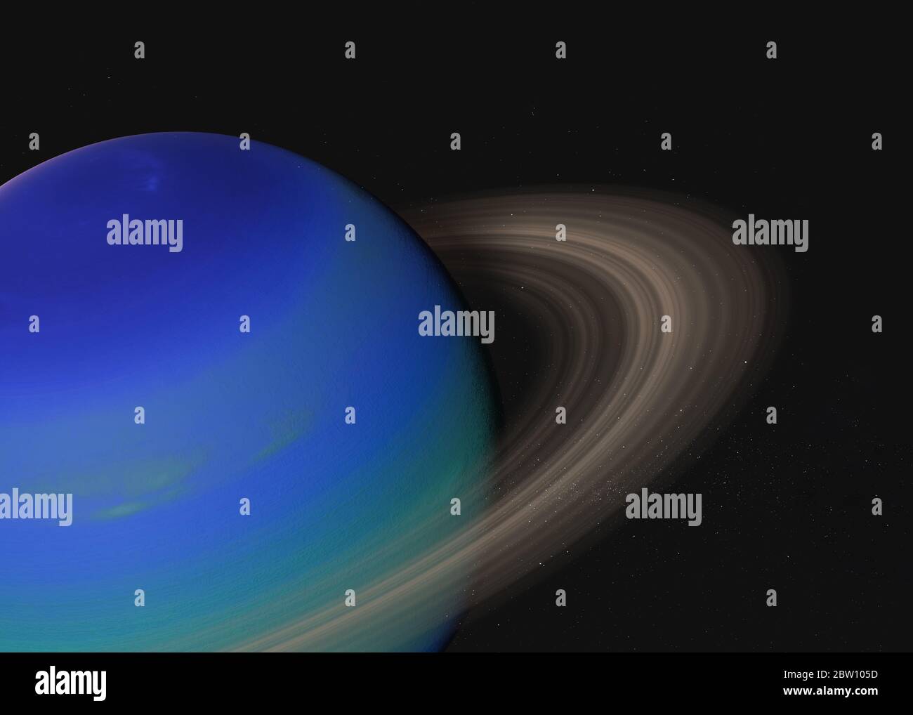 Fantastischer Exoplanet mit Meeresoberfläche und Ring im Weltraum. 3D-Darstellung. Elemente dieses Bildes, die von der NASA bereitgestellt wurden. Stockfoto