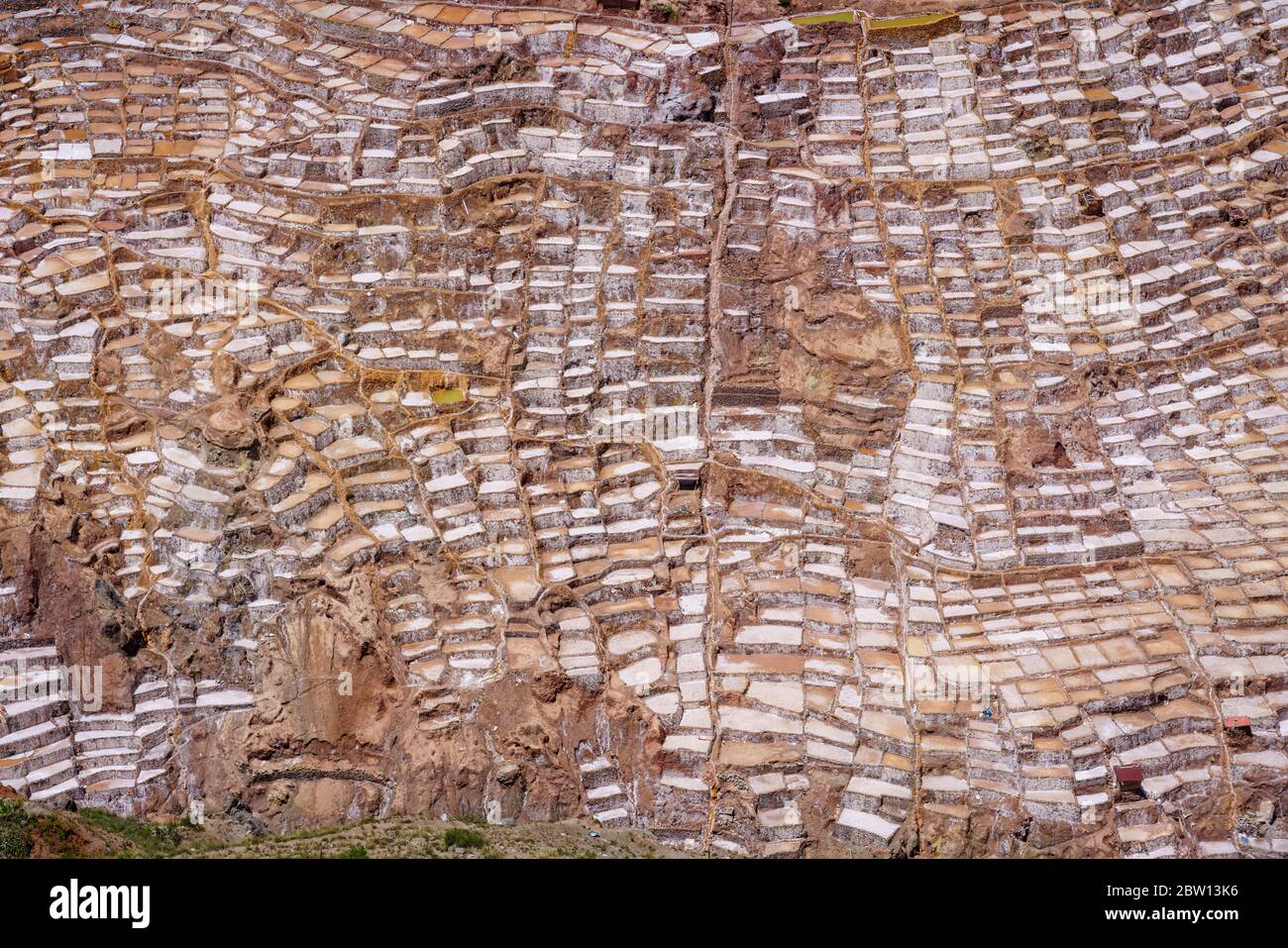 Blick auf Maras Salzteiche im Heiligen Tal von Peru. Stockfoto