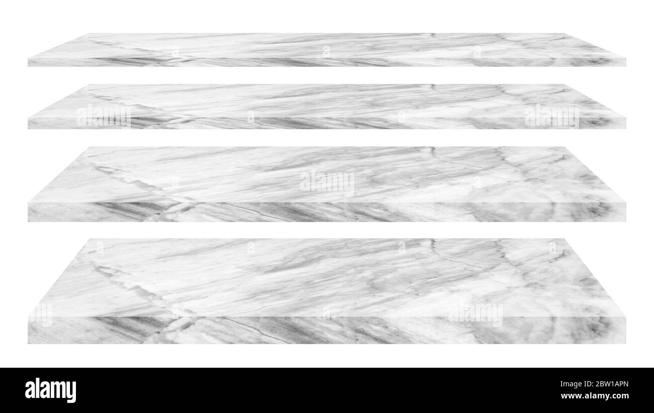 4 leere Marmorböden verschiedene Ebenen, isoliert auf weißem Hintergrund, mit Schnittwegen. Stockfoto