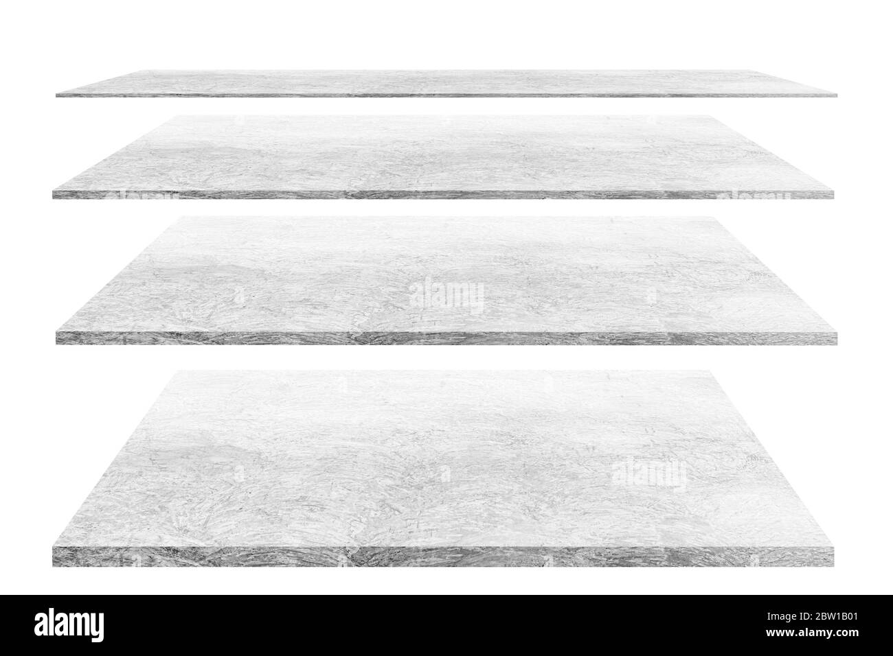 4 leere Zementböden verschiedene Ebenen, isoliert auf weißem Hintergrund, mit Schnittwegen. Stockfoto