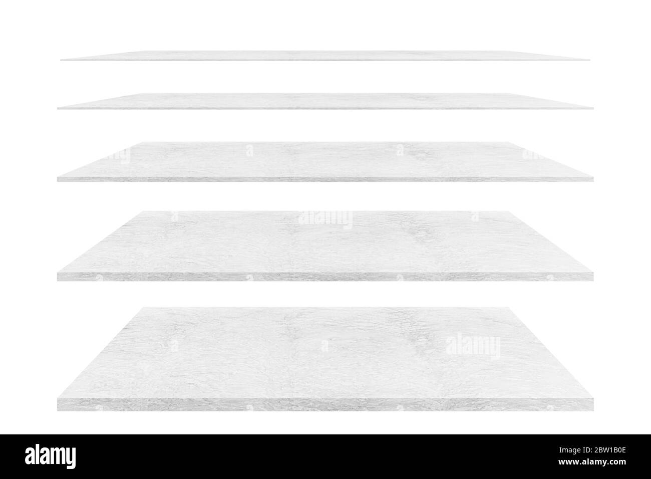 4 leere Zementböden verschiedene Ebenen, isoliert auf weißem Hintergrund, mit Schnittwegen. Stockfoto