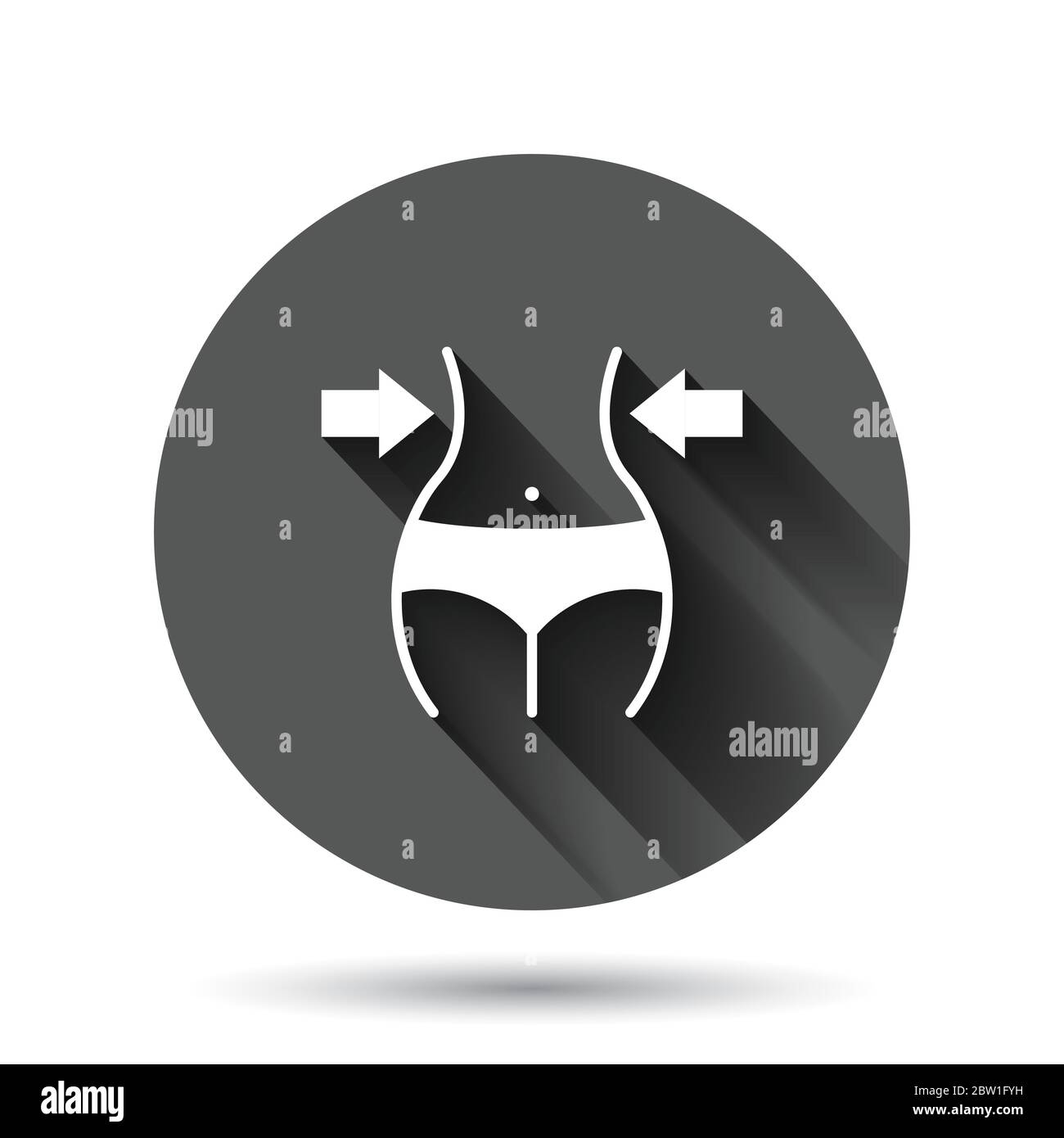 Gewichtsverlust Symbol in flacher Form. Bauch Vektor-Illustration auf schwarzem runden Hintergrund mit langen Schatten-Effekt. Athletische Taille Kreis Knopf Business con Stock Vektor
