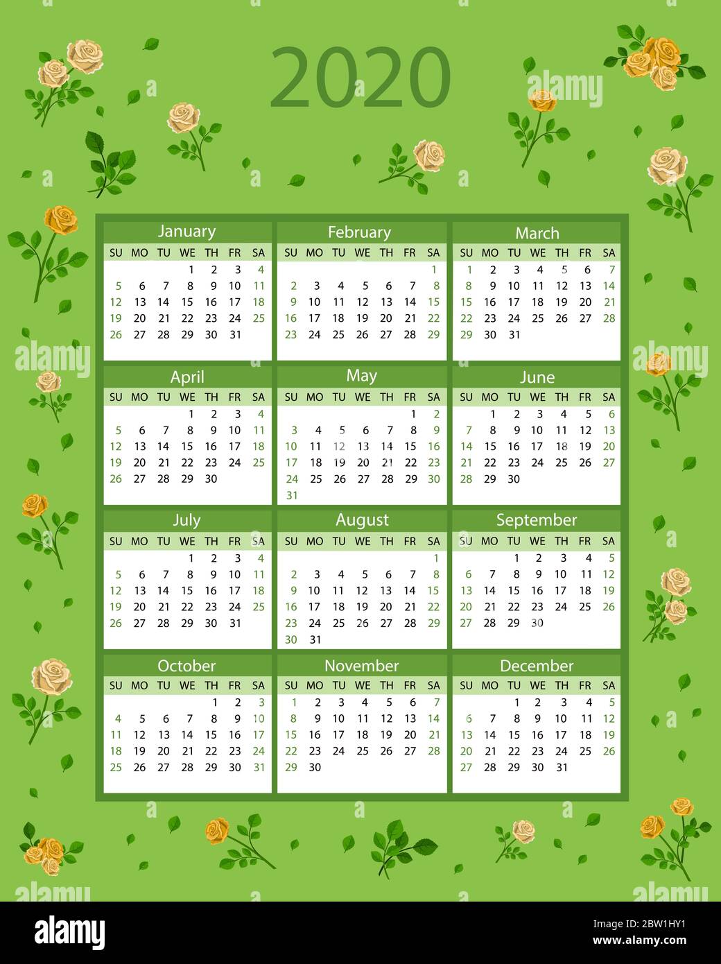 Kalender 2020. Die Woche beginnt am Sonntag. Florales Design auf grünem  Hintergrund. Vektorgrafik Stockfotografie - Alamy